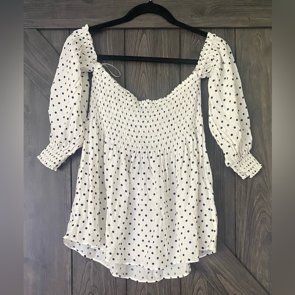 Zara White and Black polka dot strapless off the shoulder top, NTW, sz L